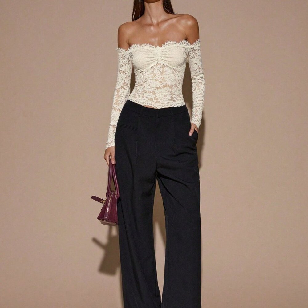 Apricot Elegant Women's Sexy Sheer Hollow Off Shoulder Long Sleeve Lace Top - Picture 3 of 6